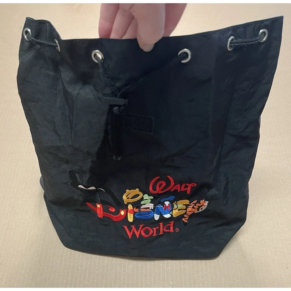 Vintage Walt Disney World Black Drawstring Backpack Embroidered 